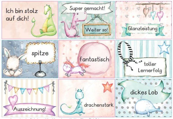 27 farbenfrohe Lobkärtchen