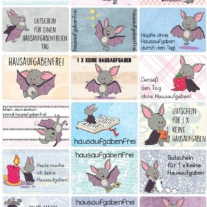 18 Hausaufgabengutscheine / 18 Lobkärtchen Fledermaus