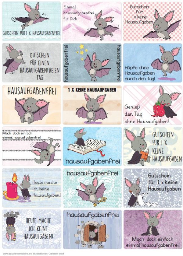 18 Hausaufgabengutscheine / 18 Lobkärtchen Fledermaus