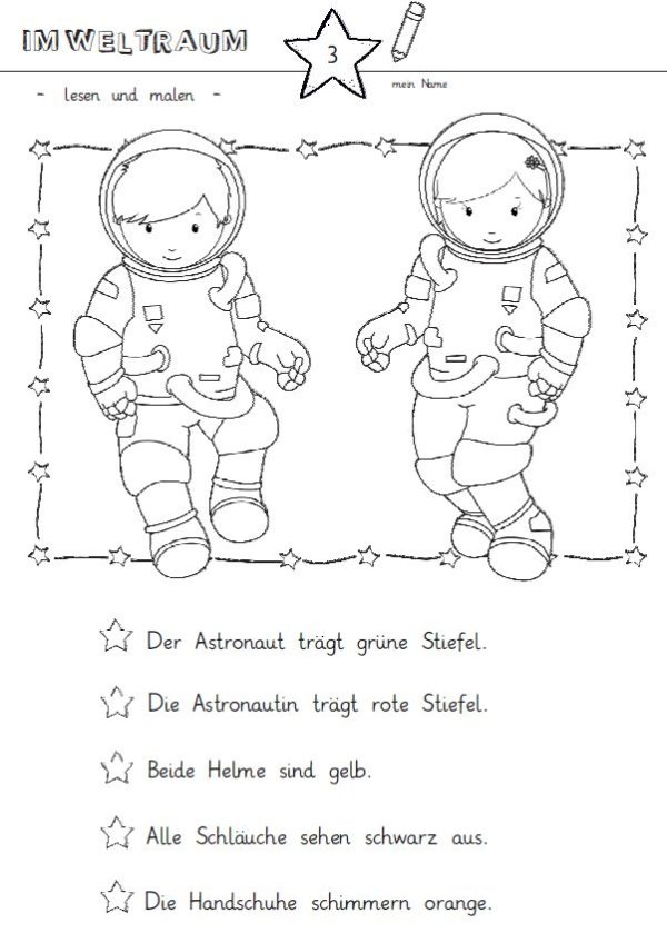 10 Kopiervorlagen: lesen und malen "Im Weltraum"
