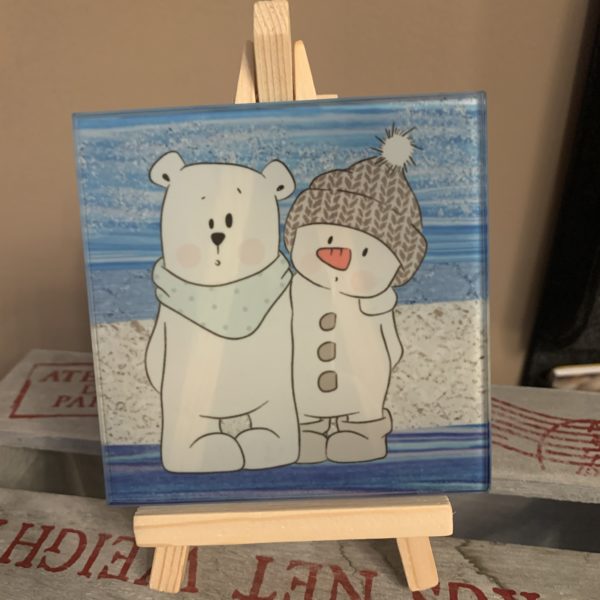 Glasfliese (Dekoration oder Untersetzer): Schneemannliebe