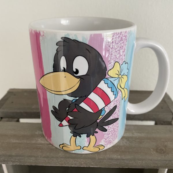 Keramiktasse Hochglanz: Einschulung Rabe