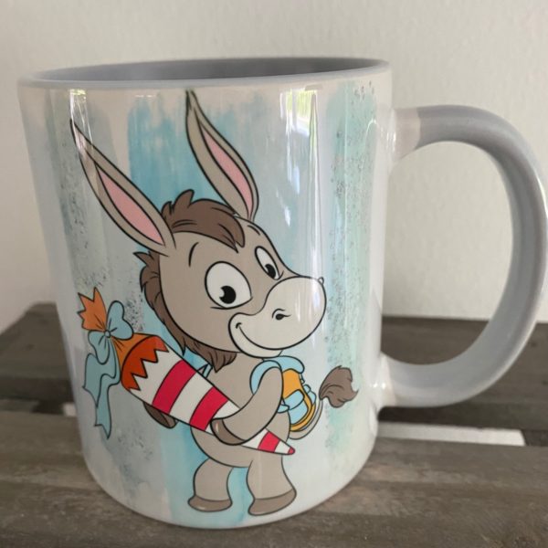 Keramiktasse Hochglanz: Einschulung Esel