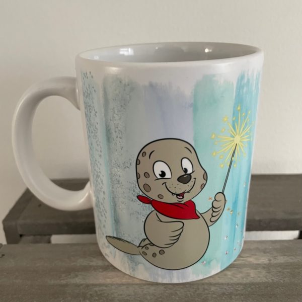 Keramiktasse satin: Seehund mit Wunderkerze