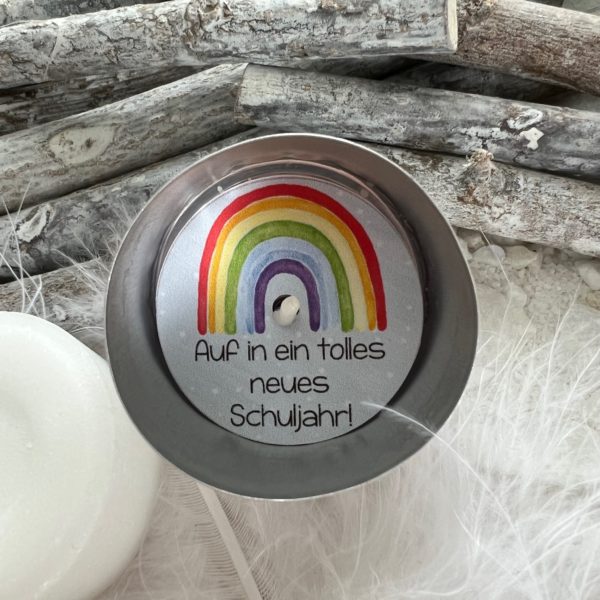 Teelichtbotschaft Regenbogen "Auf in ein tolles neues Schuljahr!"