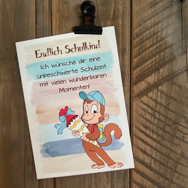 1 x Postkarte DIN A6: Endlich Schulkind (Affe)
