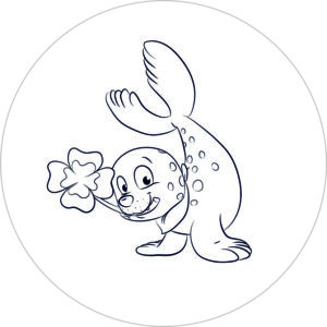 Buttonvorlage zum Ausmalen: Seehund mit Kleeblatt