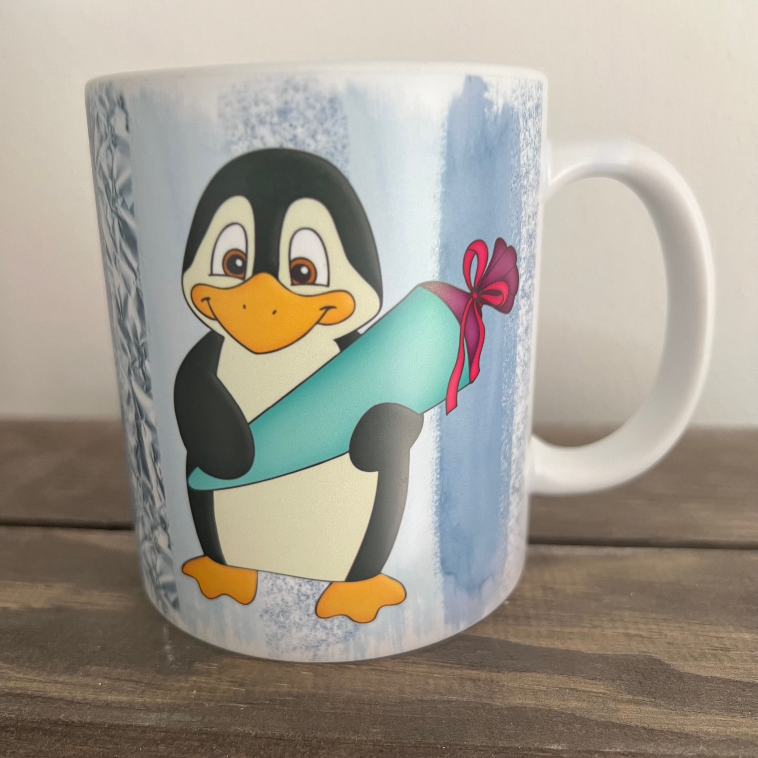 Keramiktasse satin: Einschulung Pinguin