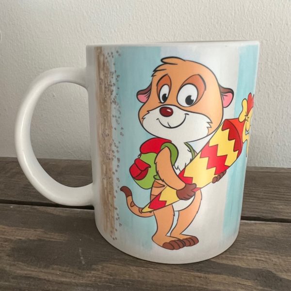 Keramiktasse satin:  Einschulung Erdmännchen