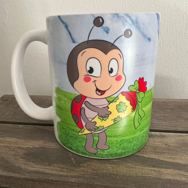 Keramiktasse satin:  Einschulung Marienkäfer