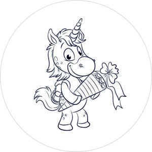 Buttonvorlage zum Ausmalen: Einhorn mit Schultüte