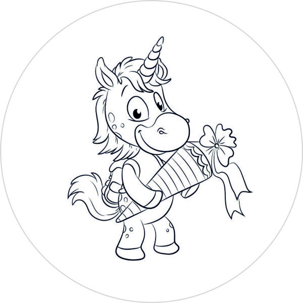 Buttonvorlage zum Ausmalen: Einhorn mit Schultüte