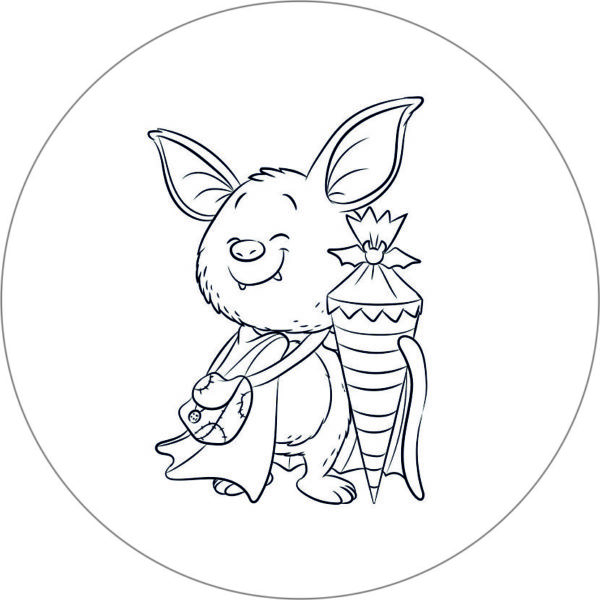 Buttonvorlage zum Ausmalen: Fledermaus mit Schultüte