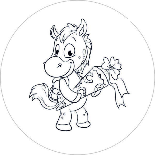 Buttonvorlage zum Ausmalen: Pferd mit Schultüte