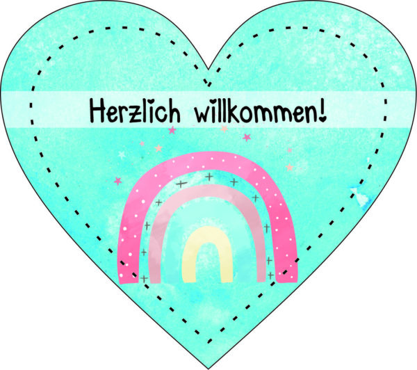 Anhänger/Aufkleber Herz: Willkommen Regenbogen