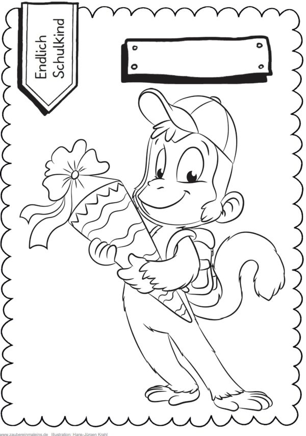 Schultüten - Ausmalbild zur Einschulung: Affe