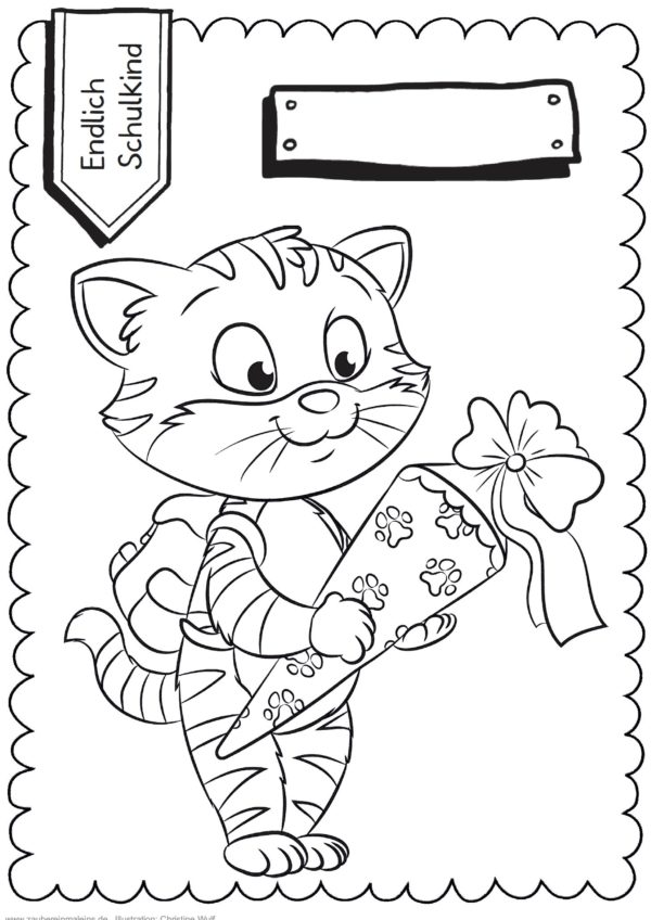 Schultüten - Ausmalbild zur Einschulung: Katze