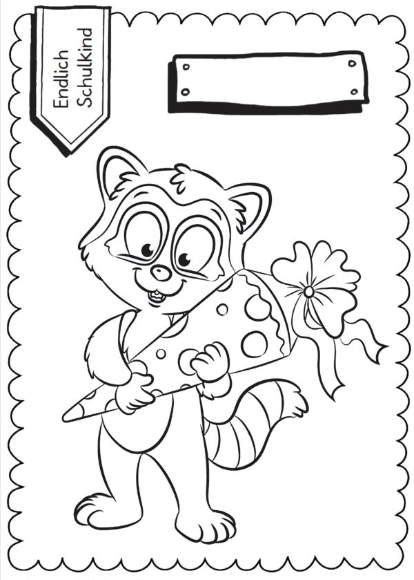 Schultüten - Ausmalbild zur Einschulung: Waschbär