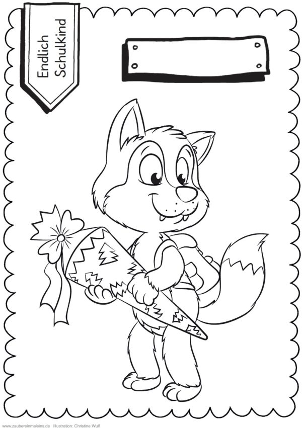 Schultüten - Ausmalbild zur Einschulung: Wolf