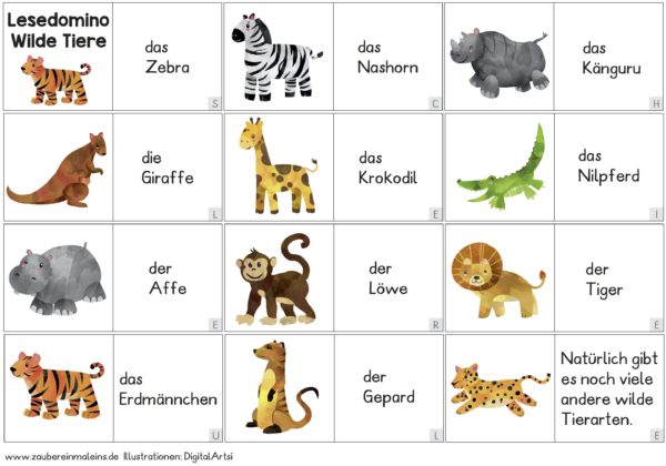 Lesedomino analog und digital: Wilde Tiere