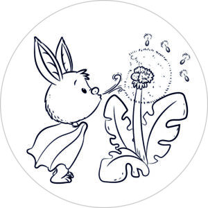 Buttonvorlage zum Ausmalen: Fledermaus mit Pusteblume