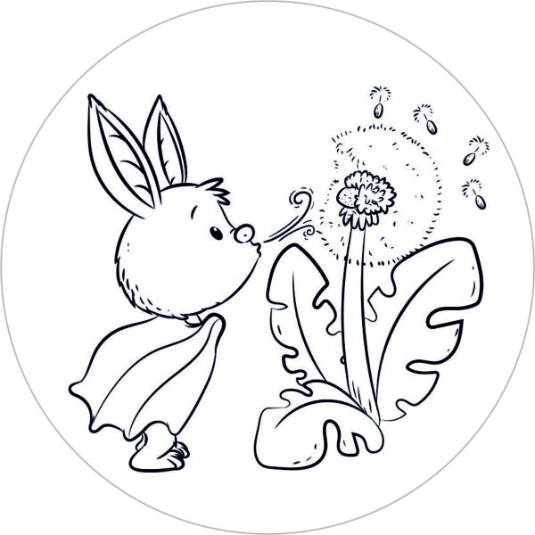 Buttonvorlage zum Ausmalen: Fledermaus mit Pusteblume