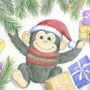 Midjourney KI Illustration: Weihnachtlicher Affe