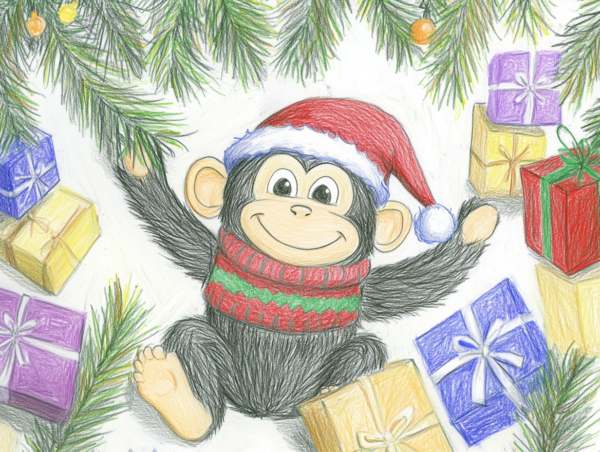 Midjourney KI Illustration: Weihnachtlicher Affe