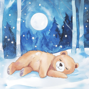 Midjourney KI Illustration: Schlafender Bär im Winterwald