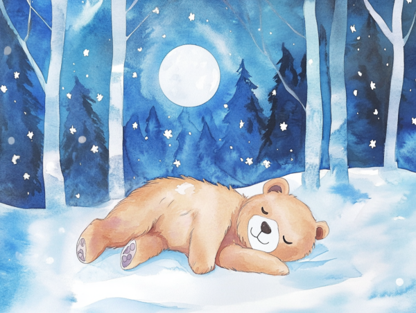 Midjourney KI Illustration: Schlafender Bär im Winterwald