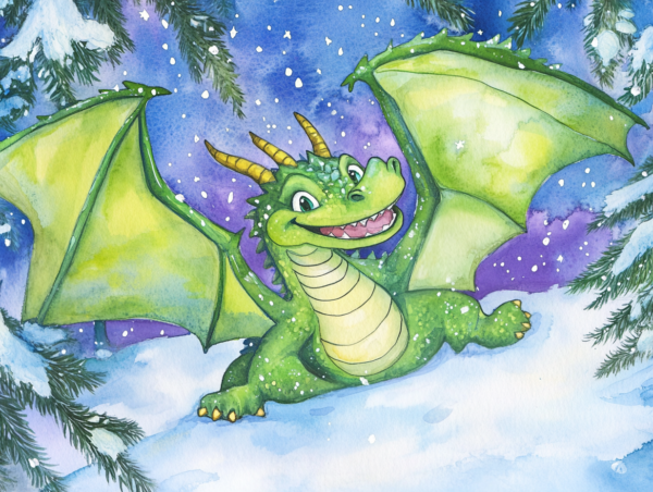 Midjourney KI Illustration: Drache im Winterwald