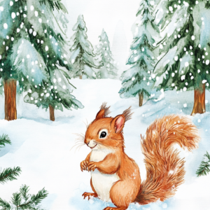 4 x Midjourney KI Illustration: Eichhörnchen im Schnee