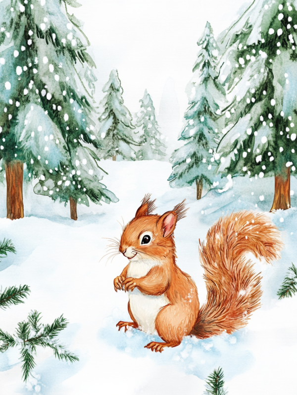 4 x Midjourney KI Illustration: Eichhörnchen im Schnee
