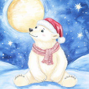 Midjourney KI Illustration: Eisbär mit Weihnachtsmütze