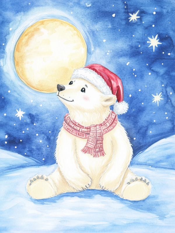 Midjourney KI Illustration: Eisbär mit Weihnachtsmütze