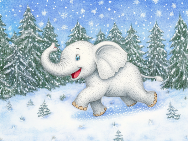 Midjourney KI Illustration: Elefant im Winterwald