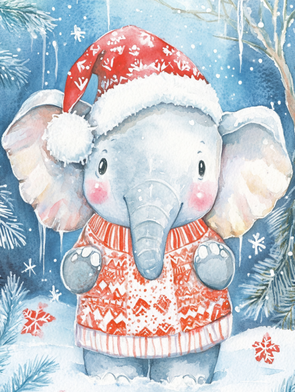 2 x Midjourney KI Illustration: Weihnachtlicher Elefant