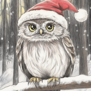 Midjourney KI Illustration: Weihnachtliche Eule