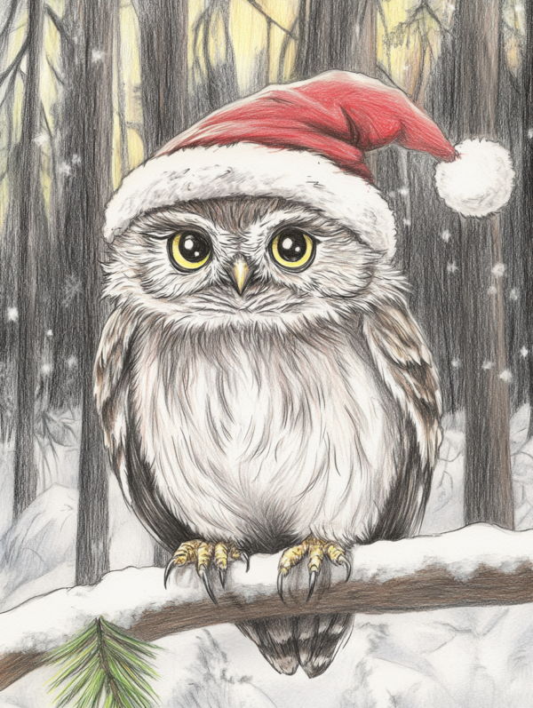 Midjourney KI Illustration: Weihnachtliche Eule