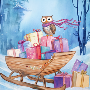 Midjourney KI Illustration: Schlitten, Geschenk, Eule