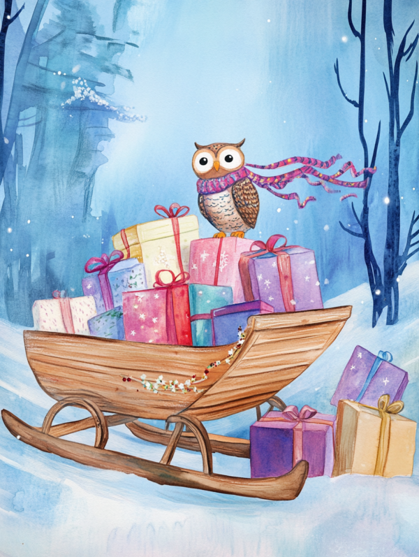 Midjourney KI Illustration: Schlitten, Geschenk, Eule