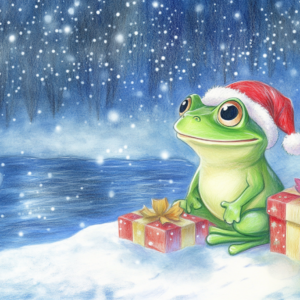 Midjourney KI Illustration: Weihnachtlicher Frosch