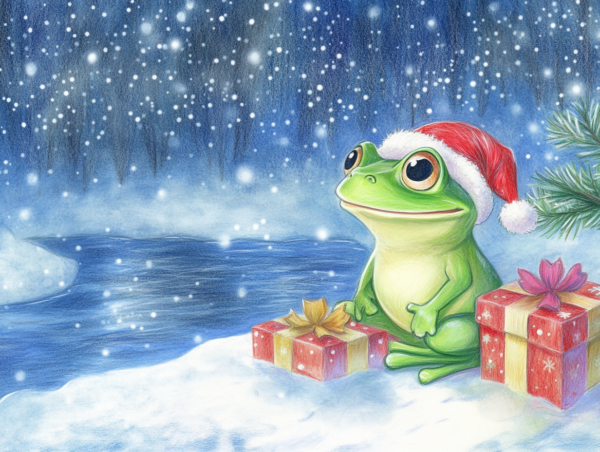 Midjourney KI Illustration: Weihnachtlicher Frosch