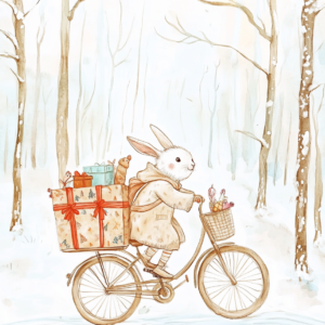 Midjourney KI Illustration: Hase fährt Rad im Winter