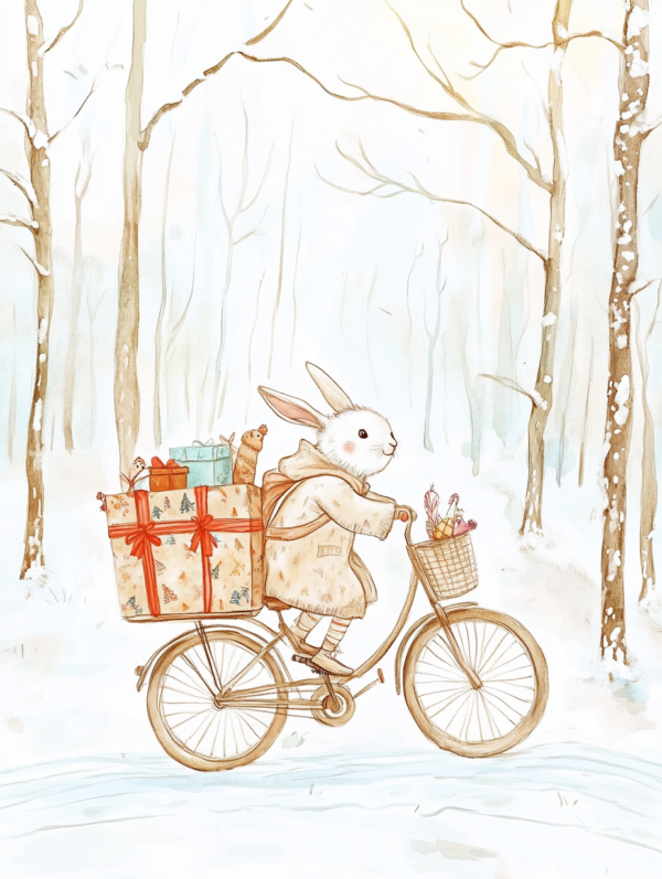 Midjourney KI Illustration: Hase fährt Rad im Winter