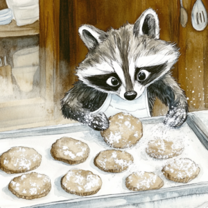 Midjourney KI Illustration: Waschbär backt Kekse