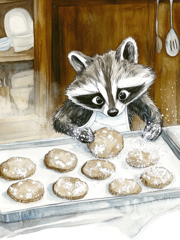 Midjourney KI Illustration: Waschbär backt Kekse