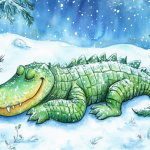 Midjourney KI Illustration: Schlafendes Krokodil im Winter