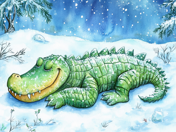 Midjourney KI Illustration: Schlafendes Krokodil im Winter