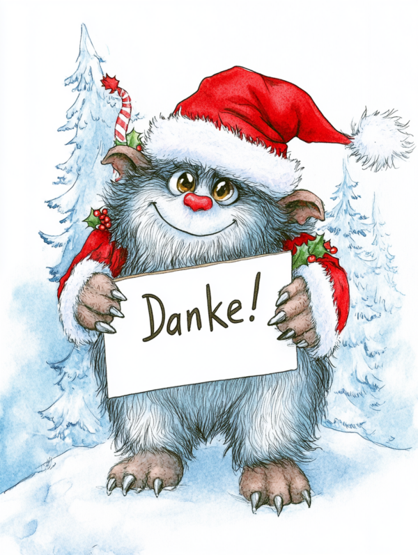 Midjourney KI Illustration: Monster, Weihnachten, Dankeschön